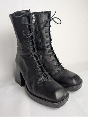 L'INTERVALLE Leather Chunky Heel Boots Size 37 = 6.5, 7 US Made In Spain Lace Up